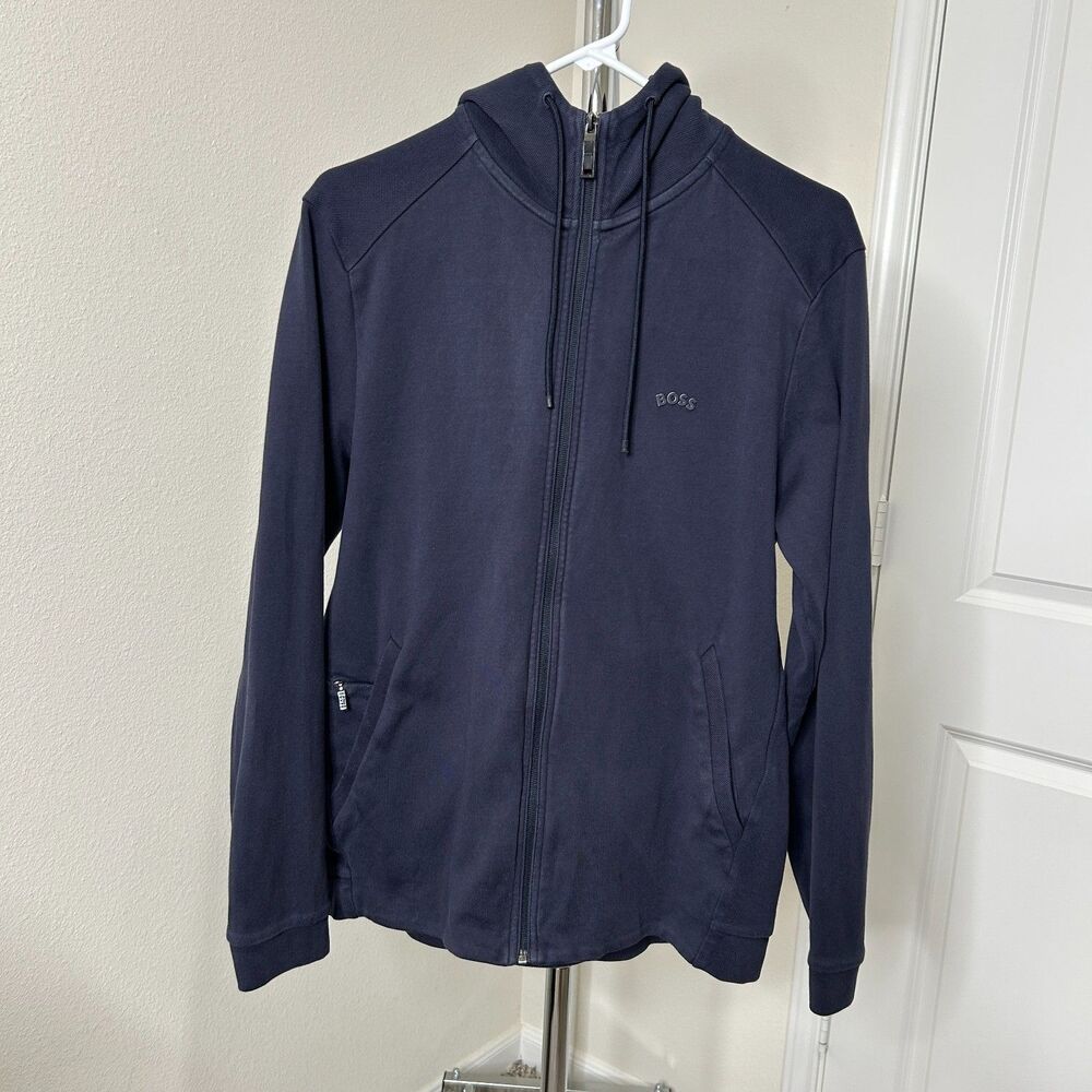 Hugo Boss Hoodie Mens Medium Navy Saggy Full Zip Interlock Cotton Tech Sporty